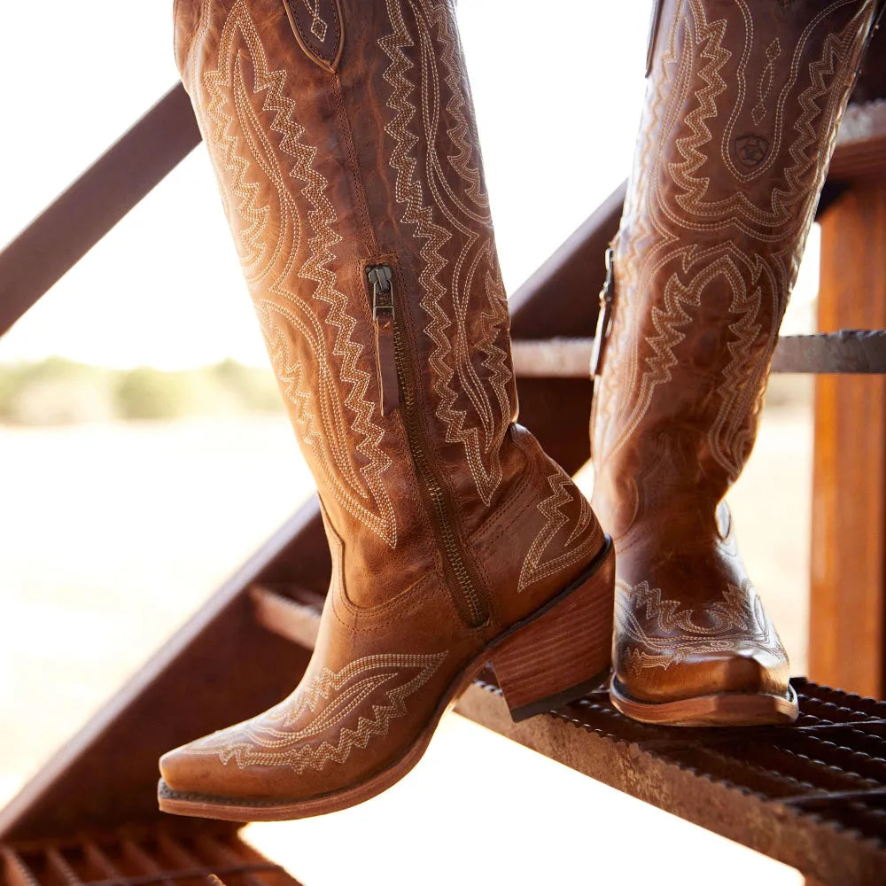 Patterned Zipped Stacked Pointed Tall Boots