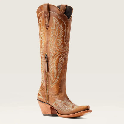 Patterned Zipped Stacked Pointed Tall Boots
