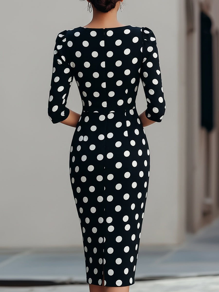 Polka Dot Three Quarter Sleeve Fitted Sheath Dress