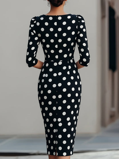 Polka Dot Three Quarter Sleeve Fitted Sheath Dress