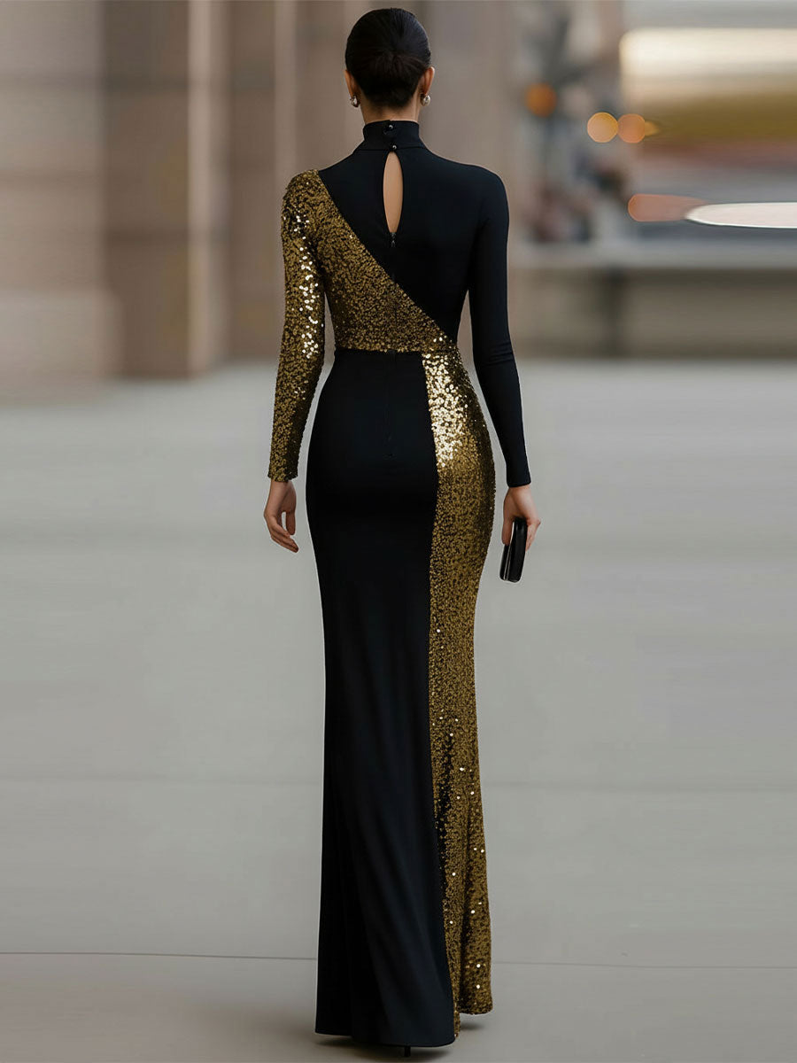 Asymmetric Sequin Mock Neck Slit Dress