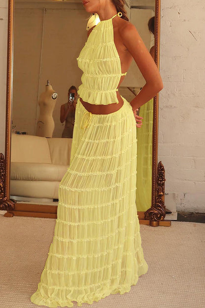 Drawstring Waist Layered Chiffon Set
