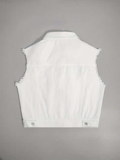 Sleeveless Cropped Buttoned Collared Pocketed Frayed Jacket