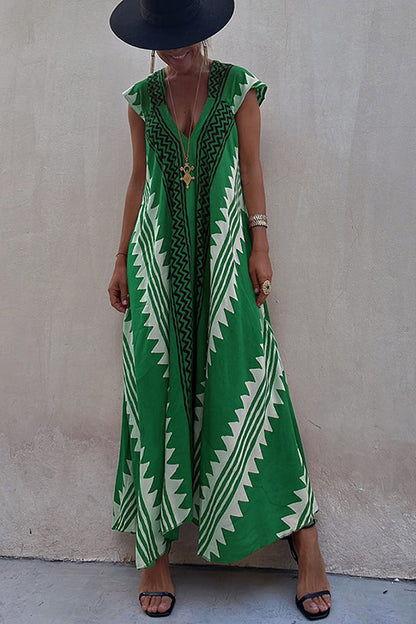 Deep Neckline Flared Hemline A-Line Dress