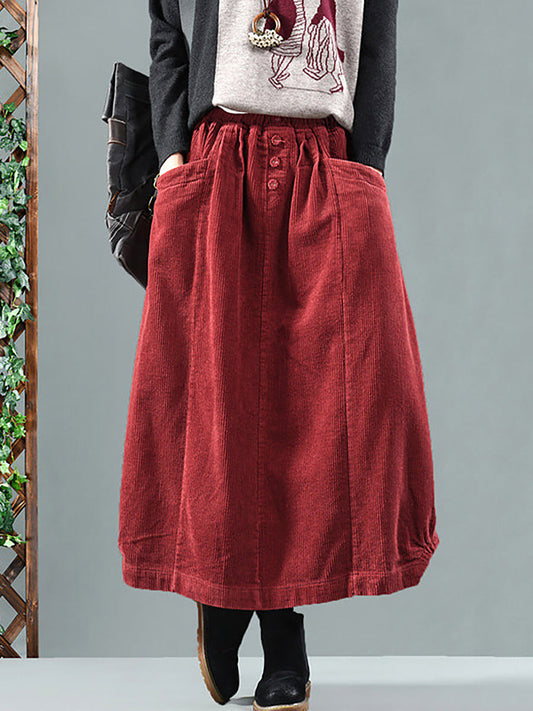 Long Wide Loose Pleated Buttoned Pocketed Skirt