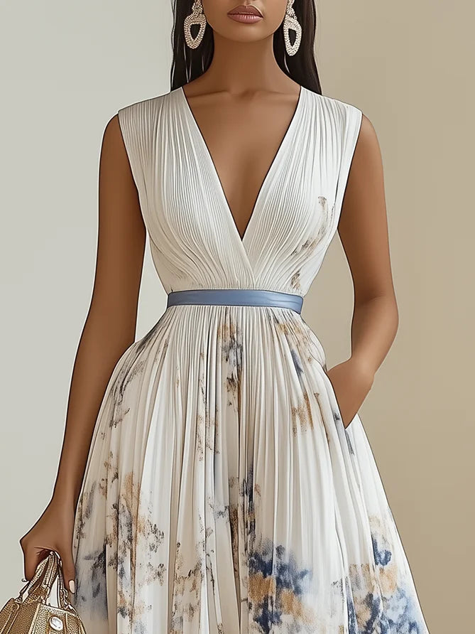 Deep V Neck Pleated Printed Dress