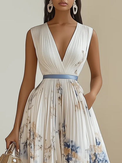 Deep V Neck Pleated Printed Dress