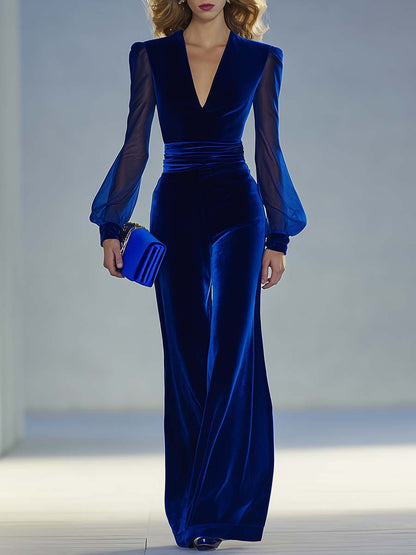 Plunging Fitted Ruched Long Puffed Wide Jumpsuit
