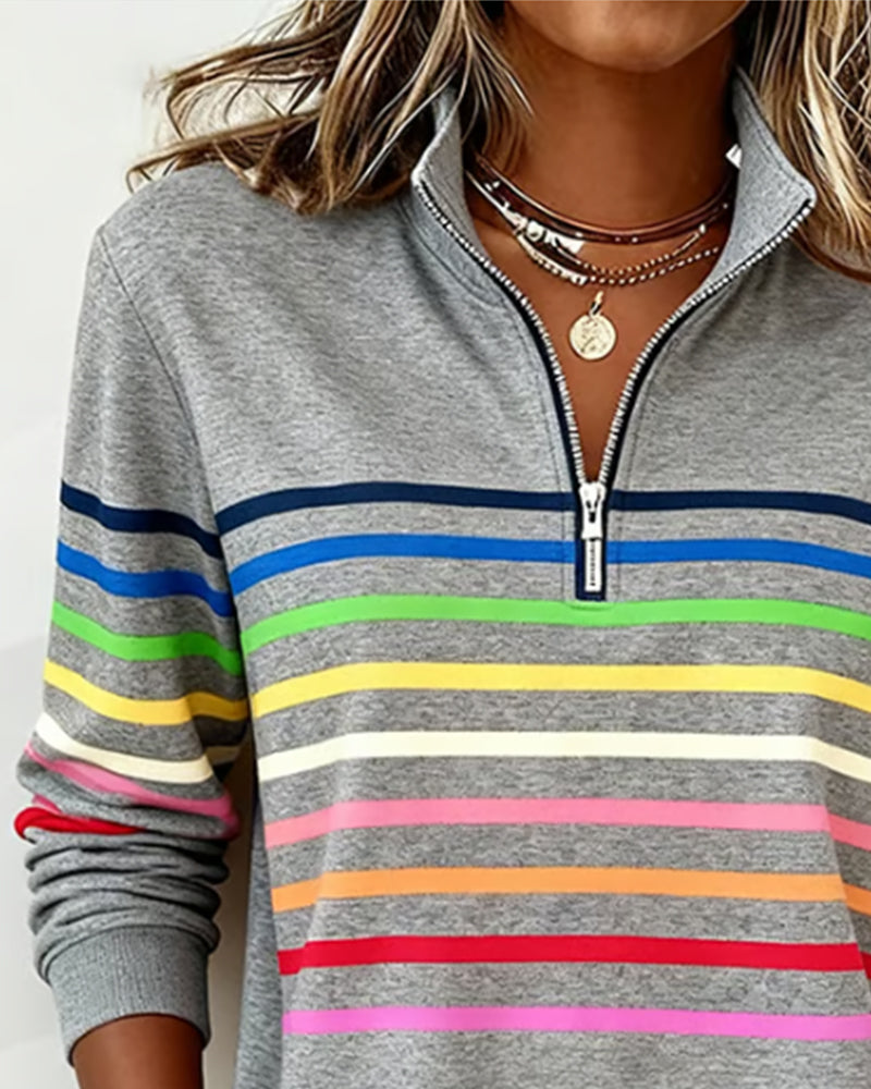 Women's Polo Collar Half Zip Striped Sweatshirt