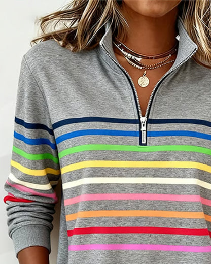 Women's Polo Collar Half Zip Striped Sweatshirt