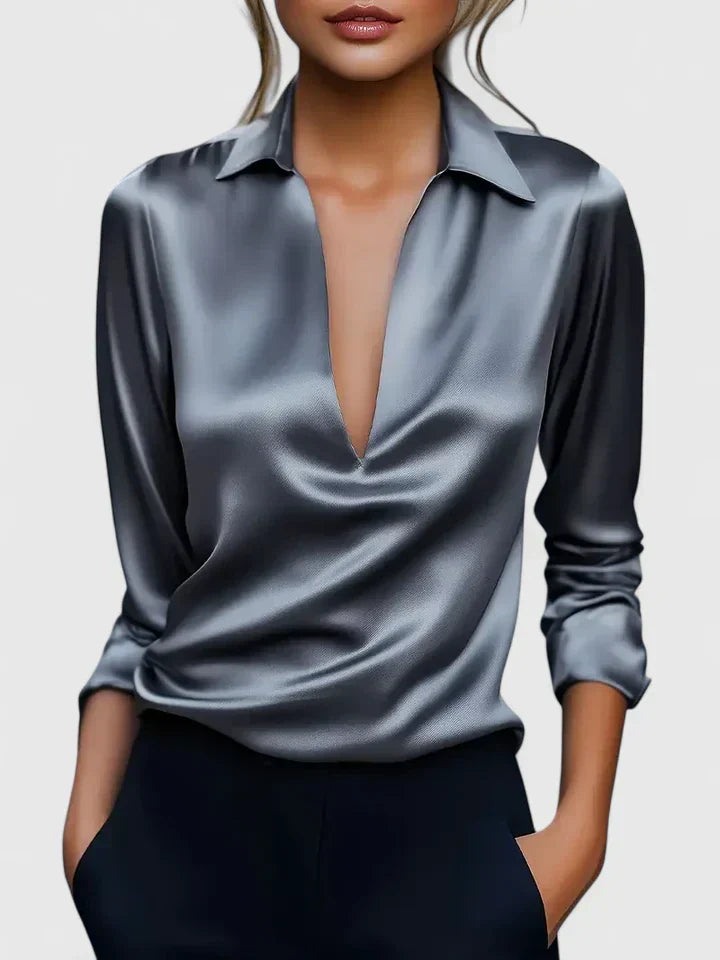 Solid Plunging Collared Draped Cuffed Sleeved Top