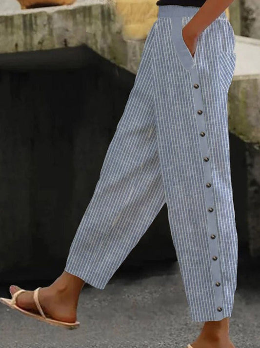 Striped Buttoned Cropped Loose Pocketed Banded Trousers