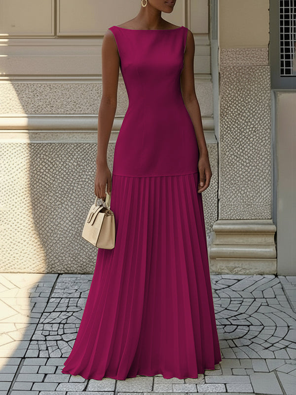 Pleated Sleeveless Boat Neck Maxi Drop Waist Dress