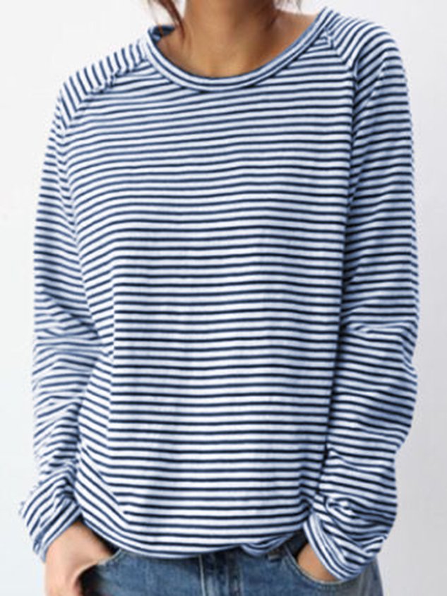 Crew Neck Long Sleeve Striped Sweatshirt For Women