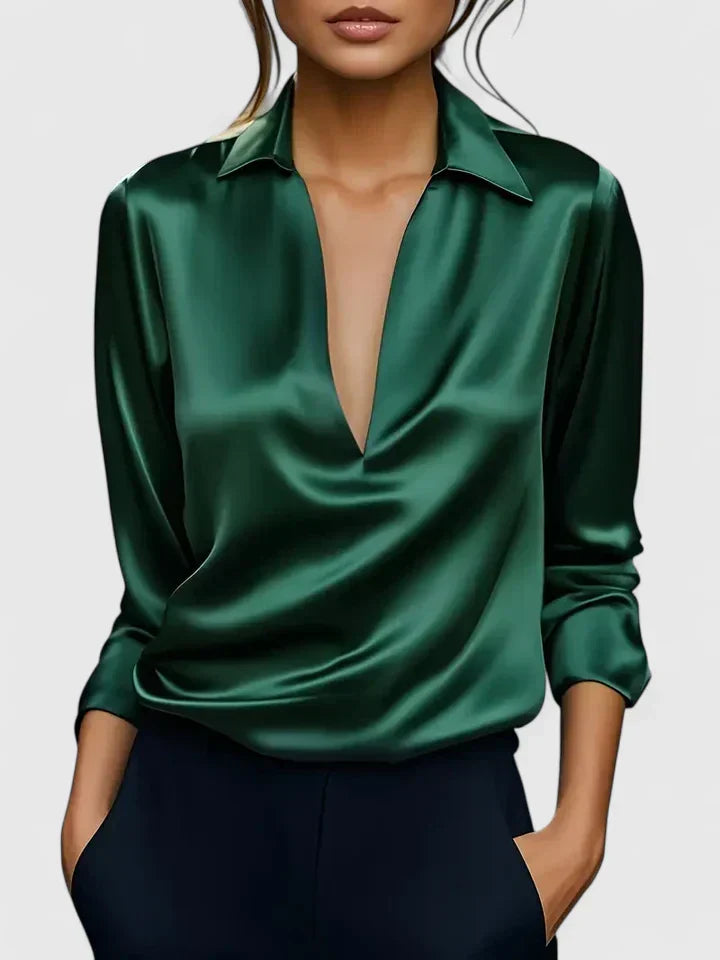 Solid Plunging Collared Draped Cuffed Sleeved Top