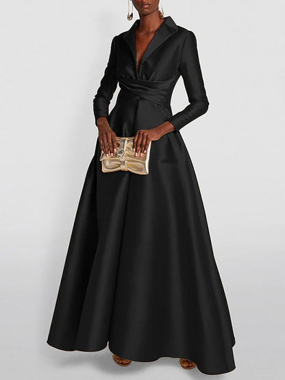Lapel Neck Crisscross Satin A Line Maxi Dress