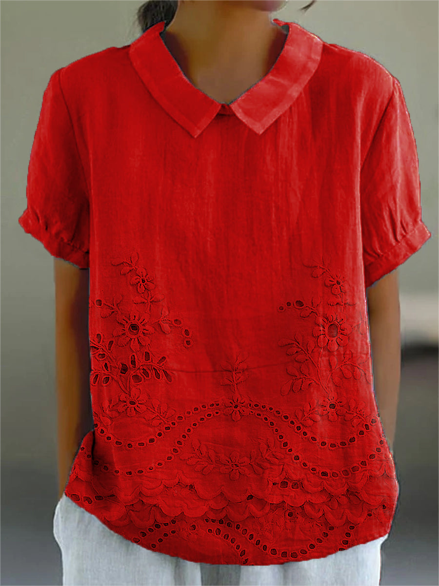 Embroidered Eyelet Scalloped Peter Pan Collar Shirt