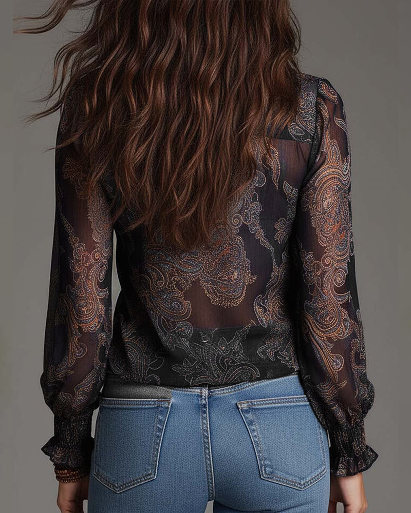 Women's V-Neck Ruffle Sleeve Paisley Print Blouse