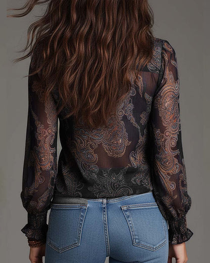 Women's V-Neck Ruffle Sleeve Paisley Print Blouse