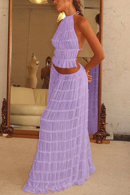 Drawstring Waist Layered Chiffon Set