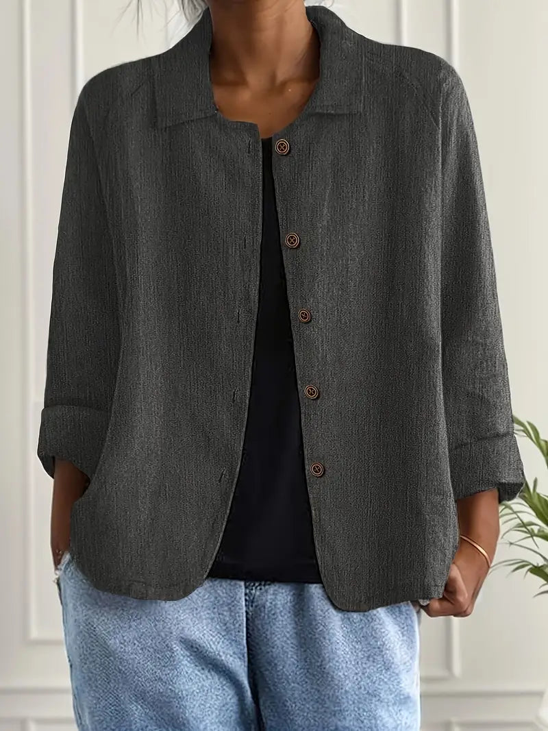 Collared Button Down Three Quarter Sleeve Blouse