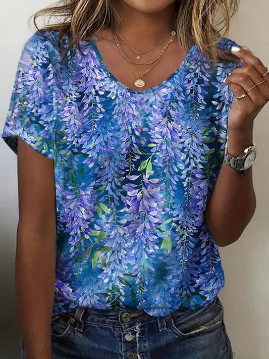Patterned Relaxed Short Sleeved Scoop Regular Top