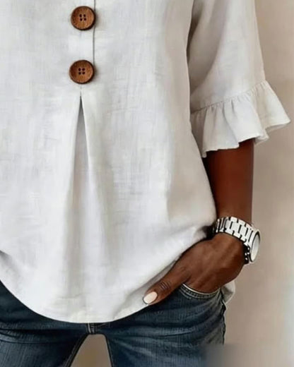 V Neck Button Detail Ruffle Sleeve Top