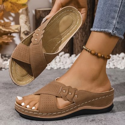 Crossed Studded Stitched Wedged Sandals