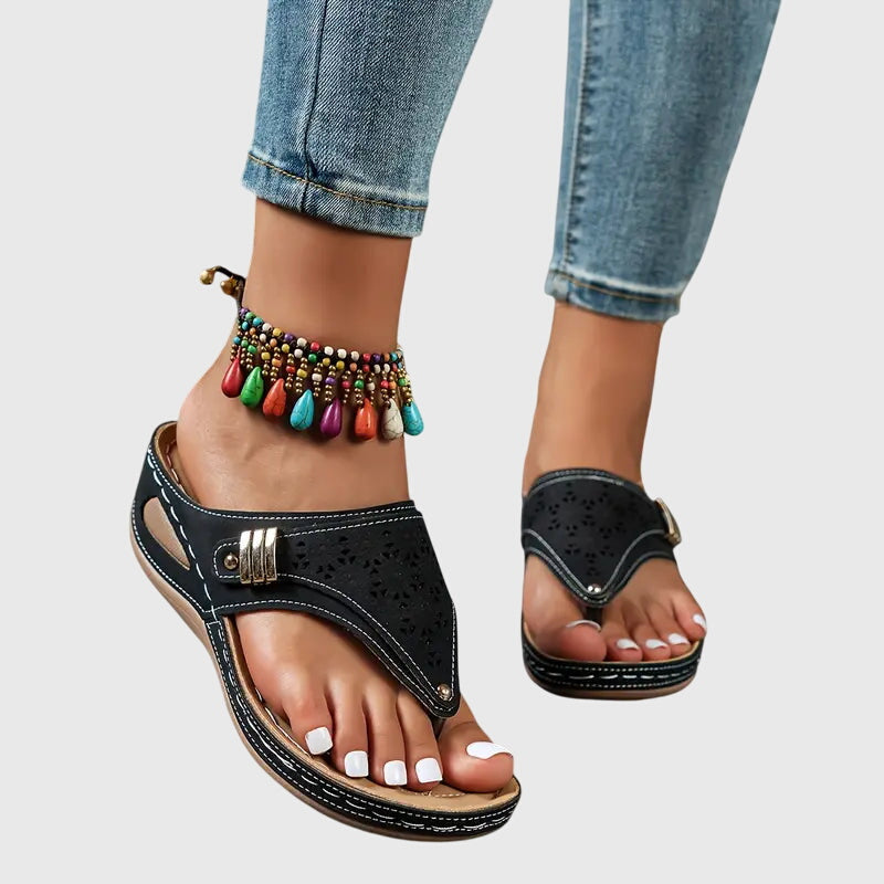 Open Toe Perforated Wedge Slip On Sandals
