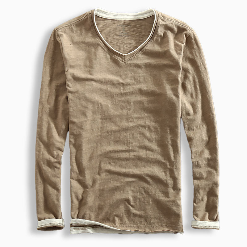 Long Sleeved V Neck Slubbed Standard Sleeve Shirt