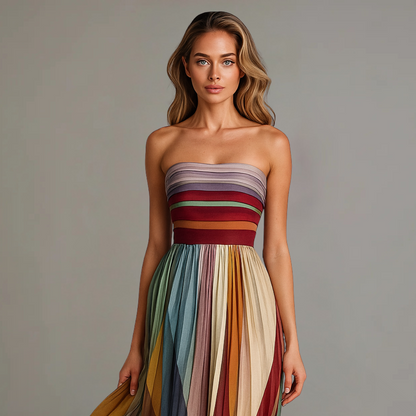 Strapless Pleated Striped Maxi Dress