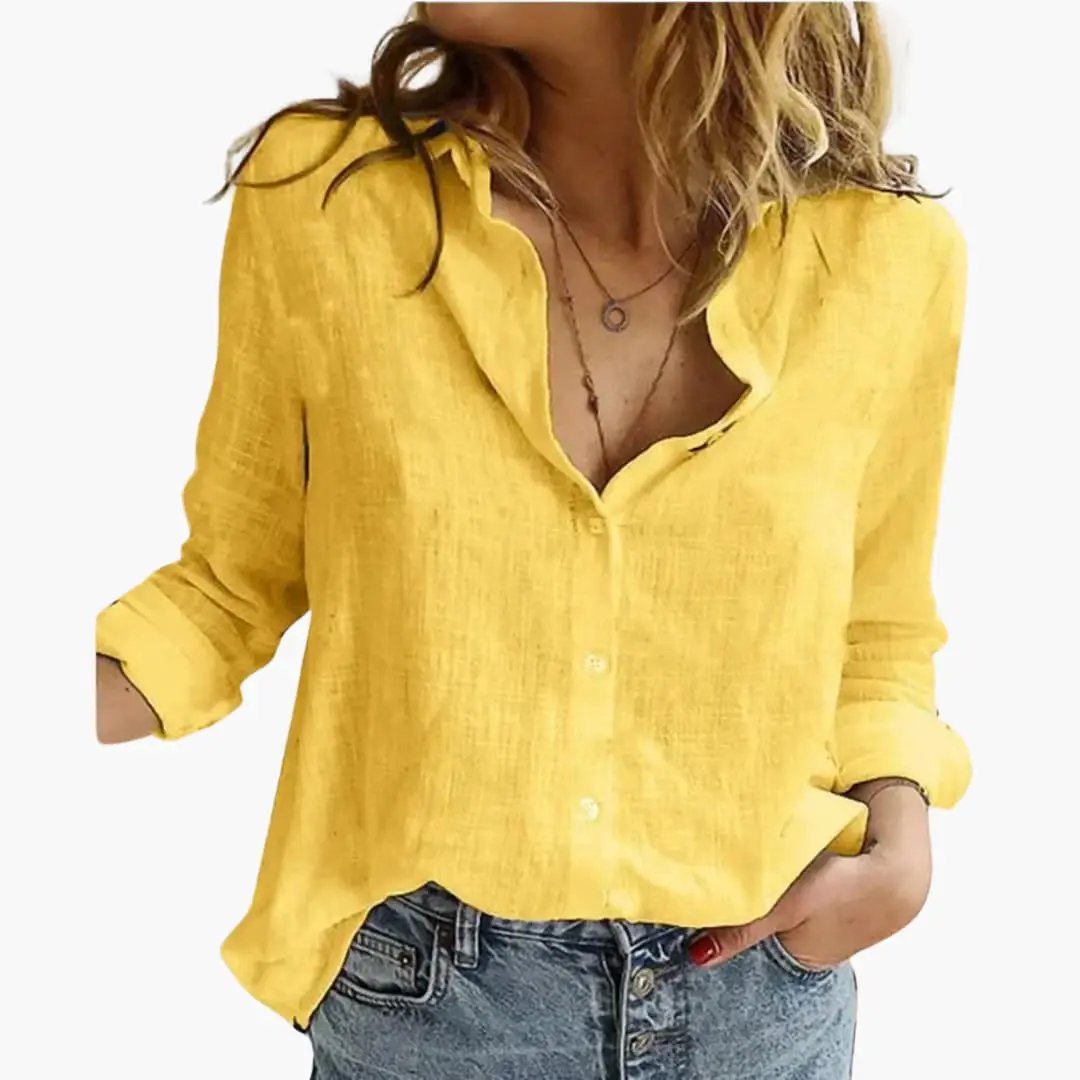 Collared Buttoned Long Sleeved Slubbed Straight Blouse