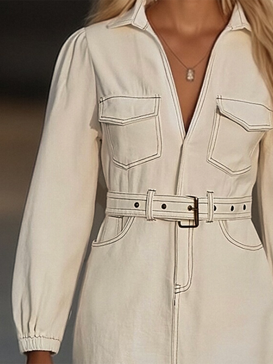 Fringed Belted Pocketed Long Sleeved Mini Dress
