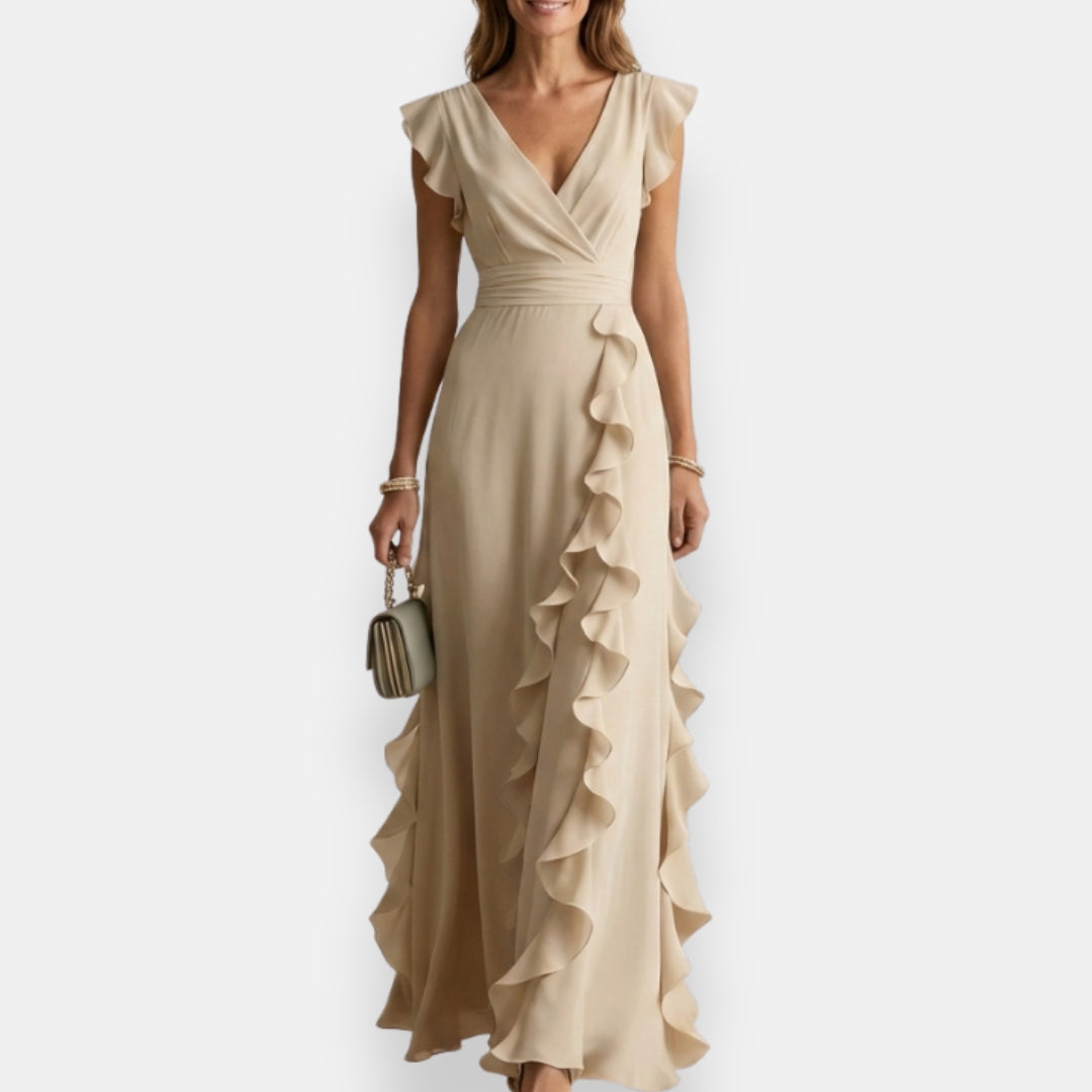 V Flutter Ruched Ruffled Maxi Dress