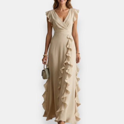 V Flutter Ruched Ruffled Maxi Dress