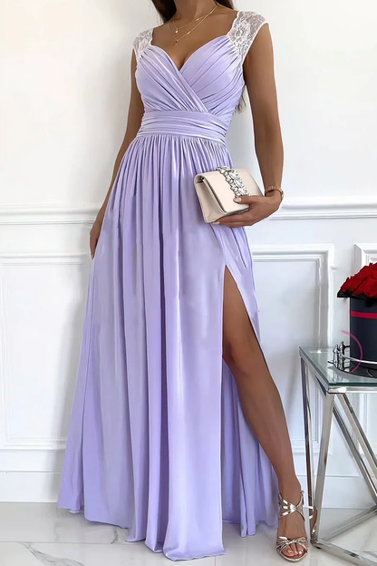 Ruched Surplice Slit Cap Maxi Gathered Dress