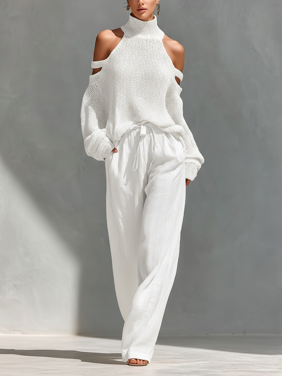 High Neck Cutout Shoulder Knitted Set