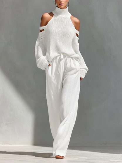 High Neck Cutout Shoulder Knitted Set