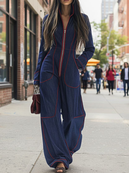 Contrast Piping Stand Collar Wide Leg Jumpsuit