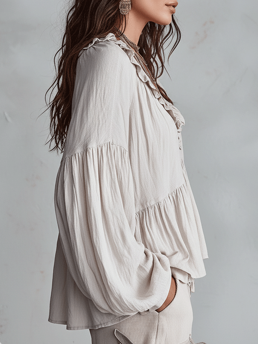 Solid Ruffled V Neck Lantern Sleeve Top