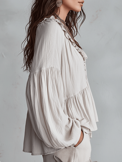 Solid Ruffled V Neck Lantern Sleeve Top
