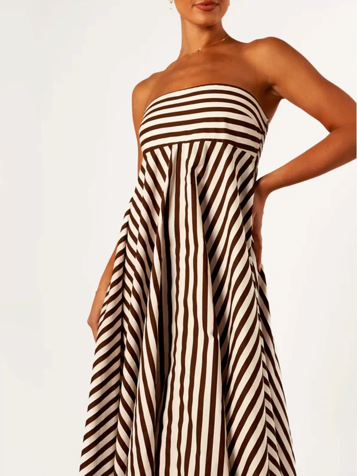 Strapless Diagonal Striped Flare Maxi Dress