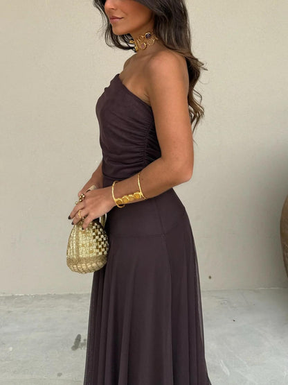 Off Shoulder Ruched Foldover Maxi Dress