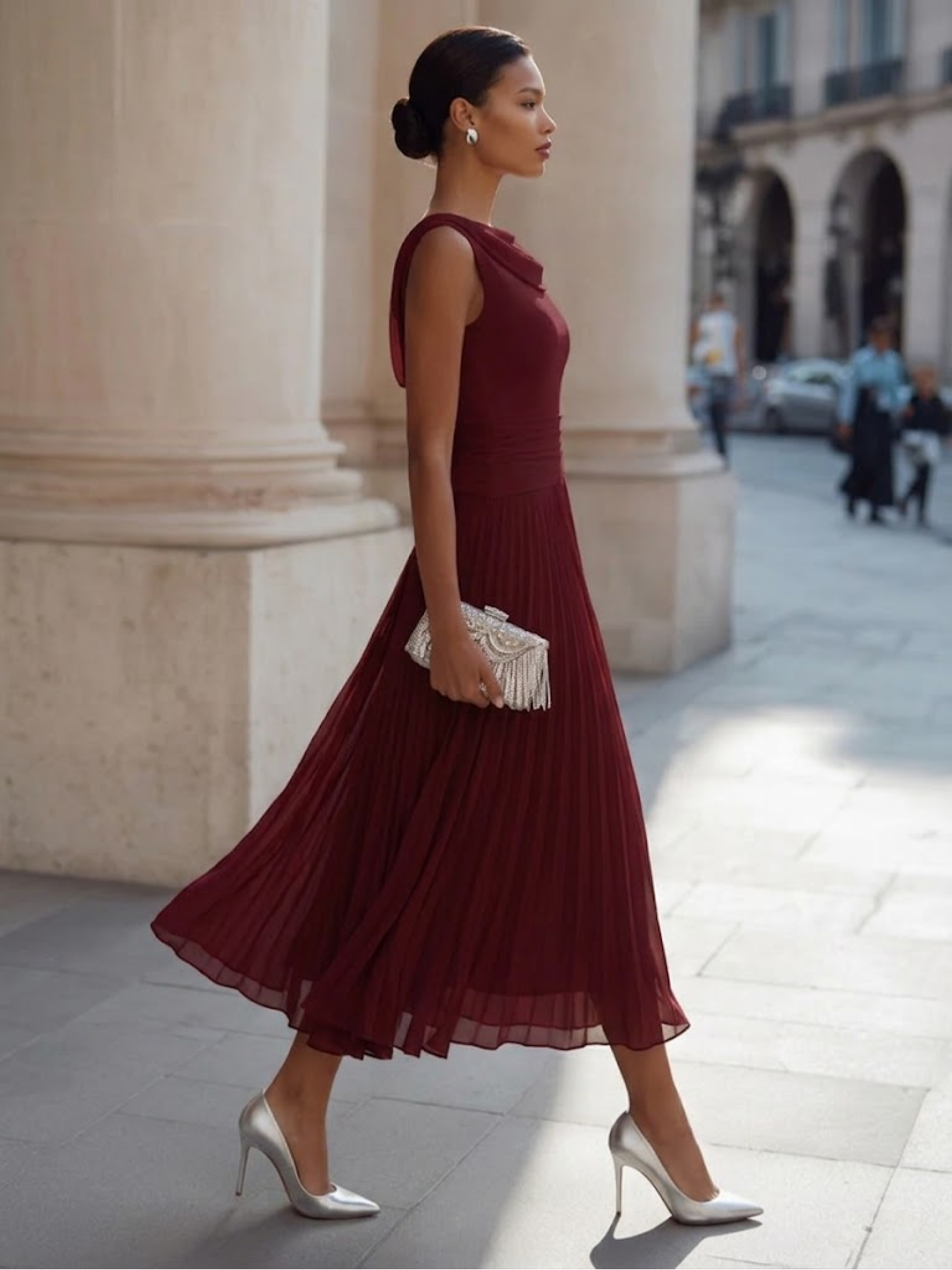 Draped Neck Sleeveless Pleated Midi Dress