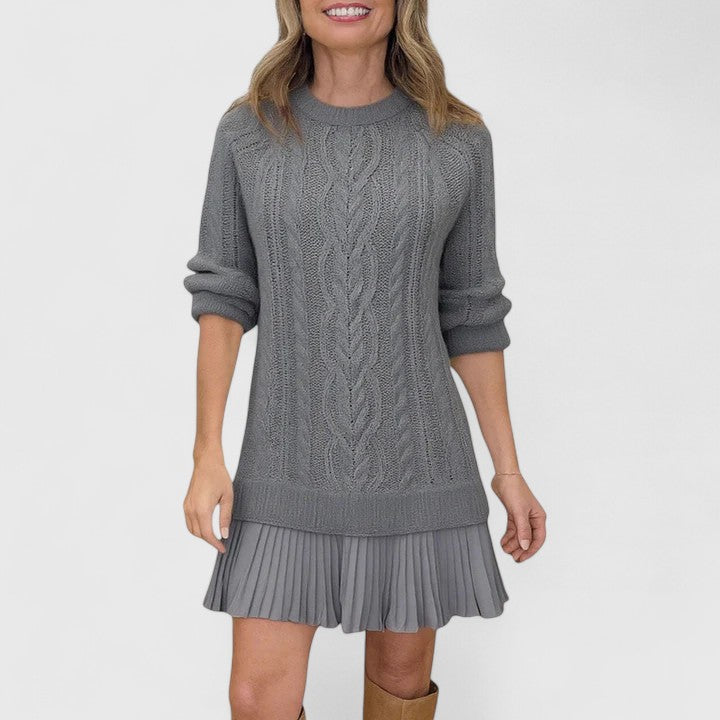 Crew Neck Long Sleeve Cable Knit Mini Sweater Dress
