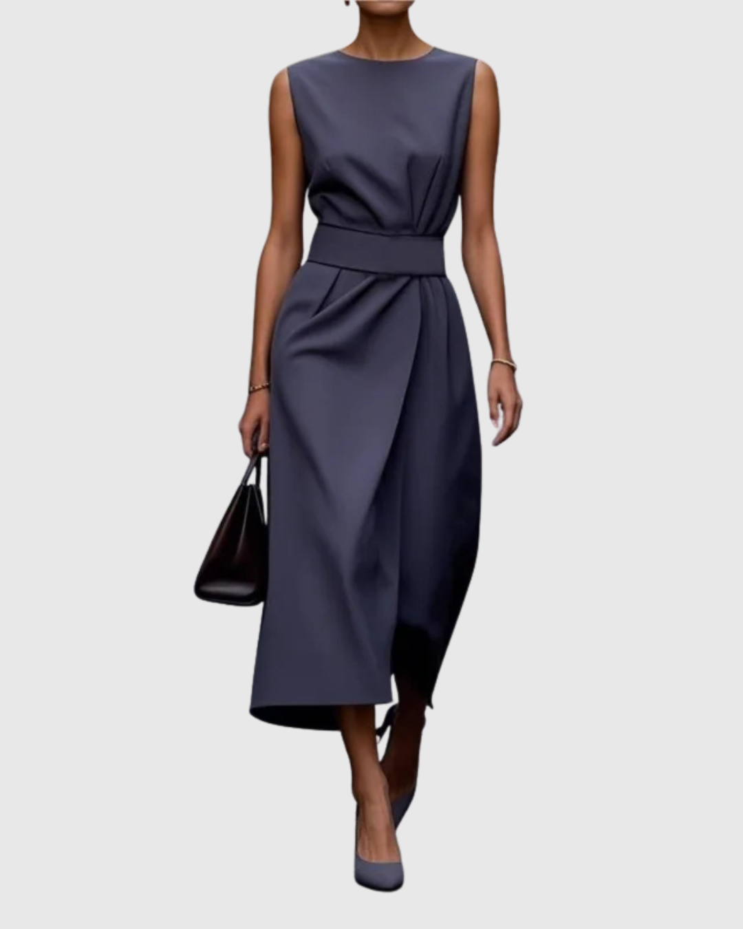 Plain Fitted Sleeveless Cinched Overlaid Flared Dress