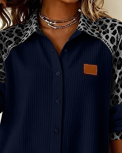 Women's Point Collar Long Sleeve Leopard Print Relaxed Fit Shirt