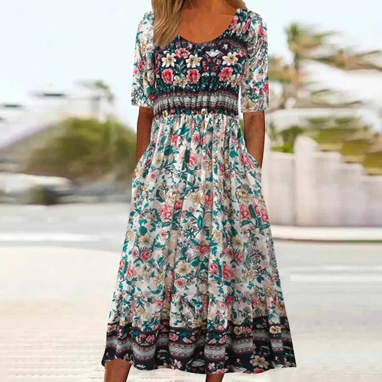 Floral Printed Scoop Smocked Tiered Dress