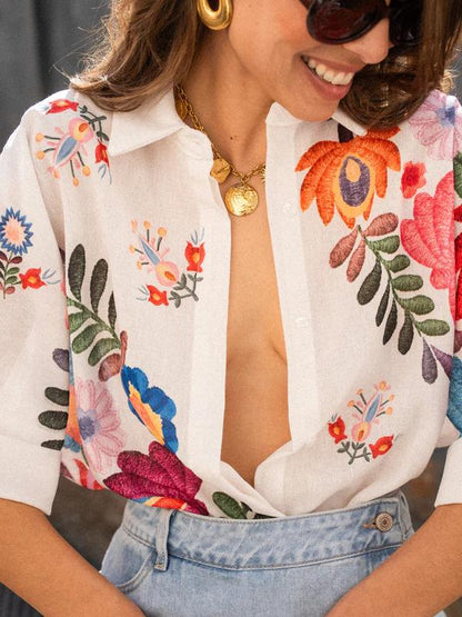 Button Front Collared Printed Blouse