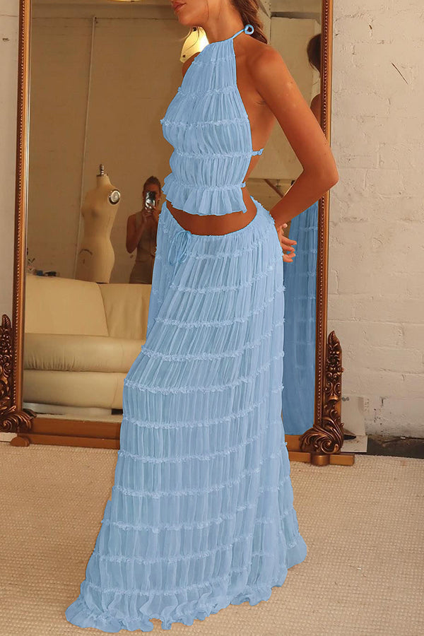 Drawstring Waist Layered Chiffon Set